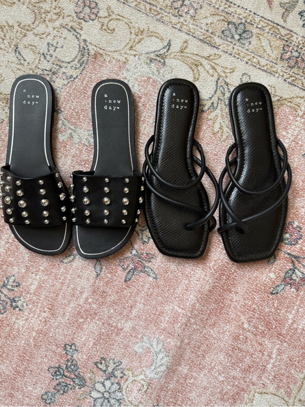 Black Studded Slide and Black Strappy Square-Toe Sandals